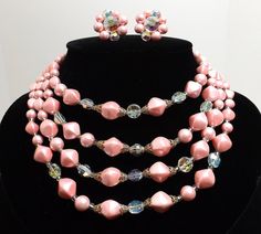 Four Strand Pink Pearl and Aurora Borealis Necklace by KatsCache Cuff Bracelets Diy, I Love Pink, Japanese Jewelry, Pink Pearls, Aurora Borealis Crystal, Vintage Lucite, Necklace And Earring Set, Pink Pearl, Bead Caps