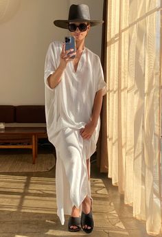 UPCYCLED - Mykonos White Cupro V-Neck Long Caftan - ocean+main Cupro Fabric, Greek Isles, Mode Casual, By The Ocean, Greek Fashion, Eco Friendly Fashion, Style Mistakes, White Fashion, Mykonos