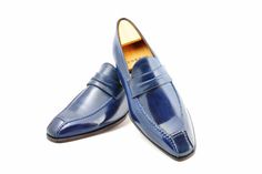 Handmade Blue Leather Moccasin Loafers Formal Dress Shoes on Storenvy Mens Blue Dress Shoes, Blue Dress Shoes, Formal Dress Shoes, Quality Leather Boots, Gentleman Shoes, Custom Design Shoes, Classy Shoes, Leather Moccasins, Mens Fashion Shoes