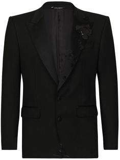 black virgin wool blend/silk blend Jacket floral appliqué peak lapels front button fastening jetted chest pocket two side flap pockets Trousers wide leg Designer Evening Suit With Lapel Collar, Luxury Single Breasted Evening Suits, Luxury Single-breasted Evening Suit, Luxury Lapel Collar Suits For Party, Luxury Party Suits With Lapel Collar, Luxury Black Embellished Blazer, Silk Tuxedo With Lapel Collar For Evening, Black Wool Party Blazer, Black Silk Tuxedo Suits