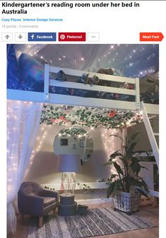 a loft bed is decorated with fairy lights and greenery in the corner, along with a blue chair