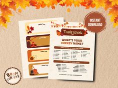 a thanksgiving menu is shown with autumn leaves and buntings on the table in front of it