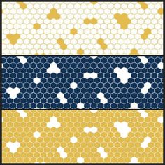 four different color patterns with honeycombs and stars in the middle one is blue, yellow, and white