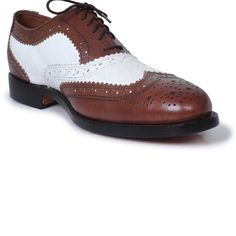 Looking for something that speaks classy? These dual toned oxford shoes should be the perfect fit for your taste. Manufactured using high- quality genuine leather; these pair of shoes carry a distinctive brogue wing-tip design perfect for flaunting at any formal event such as weddings or business gatherings. This product undoubtedly reflects its worth with the unique color contrast of rich coffee brown & white along with its specific finesse and detailed designing on the border of the shoes. The inner soles of the shoes are also lined with leather making for a comfortable, cozy fit throughout the day. Some features of the product that highlight its worth include: Use of premium leather Unique color combination of coffee and white Fashionable brogue wing-tip design Leather padding on the in White Brogue Dress Shoes For Business, White Wingtip Oxfords For Office, White Wingtip Dress Shoes For Office, White Wingtip Oxfords With Brogue Detailing, White Wingtip Lace-up Shoes For Business, White Brogue Oxfords For Office, Semi-formal White Oxfords With Brogue Detailing, White Brogue Oxfords For Semi-formal Occasions, Semi-formal White Wingtip Dress Shoes