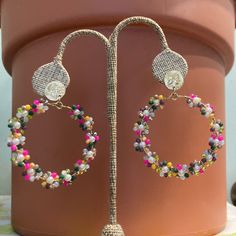 These Beaded Circles Hang From A Hammered Gold Disc. The Beads Colors Are Assorted Greens, Mustard Yellow, Hot Pink With A Slightly Larger Faux Pearl Center. New Without Tags Beads Colors, Gold Disc, Hammered Gold, Mustard Yellow, Beaded Earrings, Faux Pearl, Circles, Mustard, Beaded Jewelry