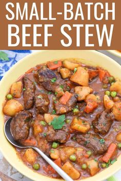 small batch beef stew in a yellow bowl with a spoon