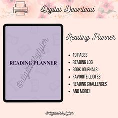 the reading planner is shown in purple and has pink flowers on it, along with text that