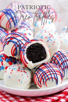 patriotic oreo truffles on a plate with red, white and blue sprinkles