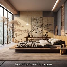 a large bed sitting in a bedroom next to a tall glass wall with trees on it