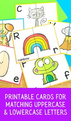 printable cards for matching uppercase and lowercase letters with pictures of cartoon animals