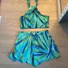 Brand New Never Worn Medium Top, Large Bottom Tie Around Neck For Halter Drawstring Shorts Blue Short Sets For Beach, Blue Short Beach Sets, Green Beach Sets In Short Shape, Summer Blue Short Sets, Chic Blue Vacation Sets, Blue Short Length Sets For Spring, Green Beachwear Shorts For Day Out, Green Summer Sets With Short Length, Green Short Sets For Summer