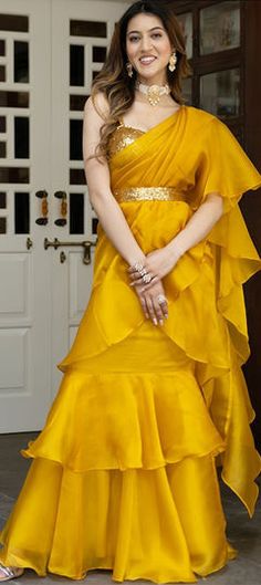 Yellow color Readymade Saree in Organza Silk fabric with Sequence work Sarees Ideas, Haldi Dress Ideas, Ruffled Saree, Haldi Dress, Haldi Outfits, Saree With Belt, Haldi Outfit, Fancy Sarees Party Wear, Sari Dress