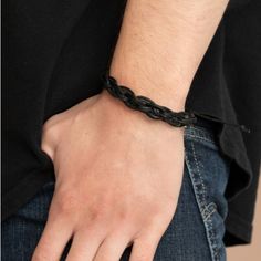 Knotted Strands Of Black Cording And Black Leather Laces Weave Across The Wrist, Creating A Rugged Braid. Features An Adjustable Sliding Knot Closure. Sold As One Individual Bracelet. Casual Black Band Wristband Bracelet, Casual Black Wristband Bracelet, Casual Adjustable Bracelet With Black Band, Everyday Black Braided Leather Bracelet, Casual Adjustable Black Band Bracelet, Casual Everyday Braided Bracelets, Casual Black Wristband, Casual Adjustable Braided Bracelet With Black Band, Edgy Adjustable Black Wristband