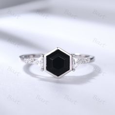 Onyx Hexagon Ring, Bezel Setting Engagement Ring Black gemstone ring Hexagon Cut Black Onyx Ring White Gold 14K Trillion Moissanite Side Men Hexagon Gemstone Ring For Formal Occasions, Black Octagon Rings As Gifts, Formal Hexagon Gemstone Ring, Black Geometric Ring As Gift, Black Octagon Gemstone Jewelry, Elegant Hexagon Gemstone Ring, Black Hexagon Jewelry For Formal Occasions, Bezel Setting Engagement Ring, Black Gemstone Ring