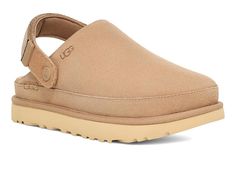 UGG Goldenstar Clog - Women's Shoes : Sand : A versatile pair of platform clogs, the UGG Goldenstar Clogs are crafted from a velvety suede fabric, making them soft and durable. Cow suede upper. Textile lining. Contoured EVA footbed. Sugarsole midsole. Slip-on style. Heel strap features a swivel design for a two-in-one wear option. Round toe design. Sugarsole EVA outsole. Imported. Measurements: Heel Height: 1 in Weight: 11.11 oz Product measurements were taken using size 5, width B - Medium. Ple