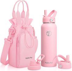 thermos and bottle are next to each other on a white surface with pink straps