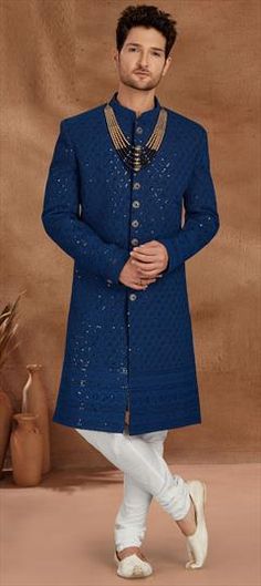 Blue color Sherwani in Georgette fabric with Embroidered, Sequence, Thread work Blue Chikankari Embroidery Kurta For Reception, Blue Kurta With Chikankari Embroidery For Reception, Blue Chikankari Embroidered Kurta For Reception, Blue Bandhgala With Chikankari Embroidery For Festive Occasions, Blue Dabka Kurta For Reception, Ceremonial Blue Bandhgala With Chikankari Embroidery, Blue Chikankari Embroidered Bandhgala For Reception, Blue Dabka Bandhgala For Reception, Blue Cutdana Kurta For Ceremonial Occasions