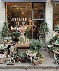 a flower shop with lots of potted plants on the front and side of it