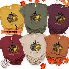 This trendy Thankful Thanksgiving pumpkin cotton jersey short sleeve tee fits like a well-loved favorite, it will make a perfect gift for a teacher, mom, grandma, nurse, auntie. Combining soft cotton and quality coquette Halloween vibe elements make users fall in love with it over and over again. These t-shirts have-ribbed knit collars to bolster shaping. The shoulders are tapered for a better fit over time. Dual side seams hold the garment's shape for longer. The shirt offers comfort and breathability, making it ideal for every day use. .: This t-shirt comes with a lightweight fabric (4.2 oz/yd² (142 g/m that is easy to layer thanks to its breathability and the perfect choice for both active and leisure wear. The 100% Airlume combed and ring-spun cotton feels soft to the touch. .: The ret Customizable Cute Tops For Fall, Yellow Cotton T-shirt For Fall, Family Matching Short Sleeve Tops For Fall, Customizable Casual T-shirt For Fall, Customizable Casual Fall Top, Letter Print T-shirt As Fall Gift, Customizable Casual Tops For Fall, Fall Season T-shirt Gift, Fall Gift T-shirt With Short Sleeves