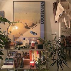 plants and books are on a shelf in the corner of a room with a large poster hanging above it