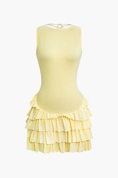 Lace Up Back Sleeveless Ruffle Hem Mini Dress Ruffle Dress Outfit, Spinnin Tour, Sheer Mini Dress, Media Screen, Cream Yellow, Birthday Outfits, Dress Cream, Stylish Clothes, Outfits Verano