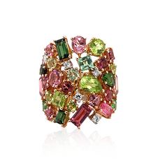 New Italian Art - Pink & Green Tourmaline, Peridot, Beryl, Tsavorite & Diamond Ring Luxury Peridot Multi-stone Rings, Luxury Multi-stone Peridot Ring, Green Tourmaline Multi-stone Emerald Ring, Luxury Multi-stone Tourmaline Ring, Luxury Multi-stone Sapphire Ring With Tourmaline, Multicolor Tourmaline Rings With Gemstone Accents, Art Pink, Italian Art, Multi Stone Ring