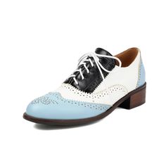 Shop Blue and White Wingtip Round Toe Lace up Dress Flat Women's Oxford Shoes color Blue for Anniversary, Going out, Hanging out, School, Work with worldwide Free shipping & Free return. Vintage Oxfords For Spring Office Wear, Vintage Oxfords For Office In Spring, Blue Oxfords With Brogue Detailing For Spring, Blue Round Toe Oxfords For Spring, Blue Brogue Oxfords For Spring, Spring Blue Oxfords With Brogue Detailing, Retro Brogue Lace-up Shoes For Spring, Chic Wingtip Oxfords For Spring, Blue Pointed Toe Oxfords For Office