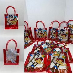 red plastic bags with cartoon characters on them