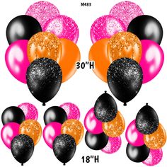 black, orange and pink balloons with glitter on them