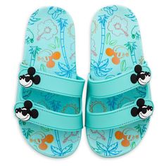 Ready for fun in the sun, Mickey Mouse wears his coolest shades on these swim slides that give off serious ''vacay all day'' vibes. With textured cushion footbeds featuring tropical Mickey Mouse screen art -complete with palm trees and island flowers - and adjustable cross straps, they are seriously comfy while being effortlessly cool. Genuine, Original, Authentic Disney Store Product. Fun Vacation Slides, Fun Non-slip Slide Flip Flops, Playful Non-slip Synthetic Slides, Fun Non-slip Synthetic Slides, Non-slip Synthetic Fun Slides, Multicolor Synthetic Flip Flops For Swimming, Non-slip Playful Slide Flip Flops, Playful Non-slip Slide Flip Flops, Playful Adjustable Slide Sandals