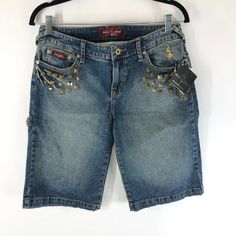 Baby Phat Womens Denim Shorts Carpenter Studded Vintage Y2k Stretch Size 9 New With Tags! Waist: 15" Hips: 19" Front Rise: 8.5" Inseam: 12.5" Comes From A Smoke Free Home. Feel Free To Ask Any Questions You May Have. Thanks For Looking! Y2k Medium Wash Short Length Jeans, Y2k Mid-rise Medium Wash Jean Shorts, Y2k Medium Wash Mid-rise Jean Shorts, Y2k Denim Blue Jean Shorts, Y2k Jean Shorts With Pockets, Y2k Style Medium Wash Jean Shorts, Womens Denim Shorts, Baby Phat Jeans, Pleated Jacket