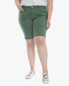 These super soft and chic denim Bermuda shorts are done in a pretty summery green and have five pockets. Try them with a tee or peasant blouse and mules. These plus-size shorts are ready for summery weather, comfy tees, and flirty cutout tops. Slink Jeans Haley Mid rise Bermuda | Light Green | Jeans | Materials & Care Instructions: ['58% Cotton, 39% Rayon, 3% Spandex', 'Machine wash cold', 'Imported'] Green Bermuda Shorts With Built-in Shorts For Summer, Spring Green Cargo Shorts, Green Cotton Knee-length Bottoms, Stretch Knee-length Bermuda Shorts For Spring, Casual Green Shorts For Spring, Casual Knee-length Bermuda Shorts For Spring, Casual Green Knee-length Bottoms, Versatile Cotton Shorts For Summer, Spring Stretch Bermuda Shorts