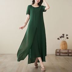 "The design of this dress is very unique, the double-layer design is more layered, the loose fit makes what kind of body can handle, and the green color is also very mysterious! Fall head over heels for the unique layered hem and adjustable fit. It's love at first wear.  FEATURES - 50% Linen, 50% cotton - Two layer, same fabric  - Short sleeve dress - Two side pockets - Round Neckline - Split hem dress - Button detail back neck line - Loose fit dress - Oversized dress - Asymmetrical dress - For Summer, spring - Dry clean Other color linen dress, maybe you will like it. https://etsy.me/3vkFgvx ★★Mode size Height 170cm (5′ 7″) Bust 84 cm (33\") Waist 66 cm (26\") She wears size XS ★★ Please select custom order according to the follow situation Your height is over 175cm Your weight is over 75 Maxi Linen Dress, Green Linen Dress, Women Casual Dress, Linen Dress Summer, Short Sleeve Maxi Dress, Split Hem Dress, Dress Asymmetrical, Short Sleeve Maxi Dresses, Loose Fitting Dresses