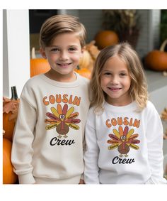 This personalized sweatshirt makes a fun "cousin crew" matching family shirt for Thanksgiving, and up to 10 names can be added to the turkey!  -Gildan 18000 sweatshirt -This is a unisex heavy blend crewneck sweatshirt with a ribbed knit collar that retains it's shape.  -Made with a medium-heavy fabric blend of 50% cotton and 50% polyester, this sweatshirt feels cozy and is the perfect choice for those colder months. -The double-needle stitching at the shoulder, armhole, neck, waistband, and cuff Family Sweater, Thanksgiving Sweatshirt, Cousin Crew, Family Shirts Matching, Thanksgiving Kids, Family Shirt, Fall Family, Crew Sweatshirts, Knit Collar