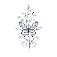 a black and white drawing of a butterfly on a flower with the moon in the background