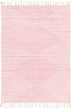 a pink and white rug with fringes on it