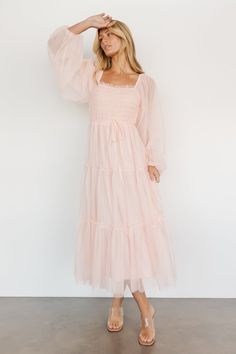 Light Pink Modest Dress, Pink Modest Dresses, Pink Smocked Dress, Long Sleeve Pink Bridesmaid Dress, Trendy Maxi Dresses, Pale Pink Dress, Magical Dress, Tulle Maxi Dress, Tulle Material