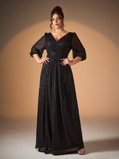 Negro Fiesta Collar manga francesa Lentejuelas Liso,Estampado Integral A línea Embellished No-Elástico Evening Gowns With Sleeves, 파티 드레스, Long Sleeve Casual Dress, Black Evening Dresses, Women Formals, Chiffon Bridesmaid Dress, Black Party, Evening Party Dress, Chiffon Bridesmaid