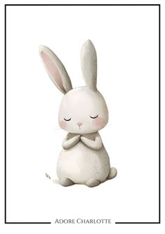 a white rabbit with its eyes closed sitting in front of a black frame on a white background