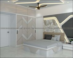 modern bedroom with white walls and ceiling fan