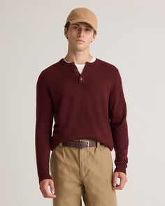 Your favorite lightweight, soft, and cozy fine-gauge cashmere sweater, now in a henley style for that casually cool vibe. Our premium-quality cashmere is incredibly long-lasting and three times as warm as wool, sourced sustainably and ethically.  | Quince | Men's Mongolian Cashmere Henley Sweater in Rich Burgundy, Size XL Classic Henley For Fall Layering, Classic Henley For Layering In Fall, Casual Cashmere Polo Sweater For Layering, Casual Cashmere Polo Sweater, Polo Sweater For Layering In Fall, Casual Cashmere Business Casual Tops, Casual Brown Cashmere Top, Casual Cashmere Sweater For Business Casual, Casual Winter Henley For Layering