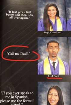 four pictures of people in graduation caps and gowns with the caption call me dad if you ever speak to me in spanish, please use the normal