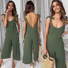 Your new favorite jumpsuit is here! This simple chic design is simply perfect. Featuring a v-neck back opening and sash ties at the shoulders. Pairs with a heels and a statement necklace for a night on the town or pair with sandals and wedges for a casual afternoon lunch look. Made with a polyester blend and comes in four fun colors from which to choose. Summer V-neck Jumpsuit With Tie Back, Elegant V-neck Jumpsuit For Beach, Summer Backless Jumpsuits And Rompers For Brunch, Backless Summer Jumpsuits And Rompers For Brunch, V-neck Jumpsuit With Tie Back For Party, V-neck Tie Back Jumpsuit For Party, Spring Jumpsuits And Rompers With Tie Back, Spring Solid Color Jumpsuits And Rompers With Tie Back, Spring Tie Back Jumpsuits And Rompers