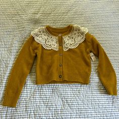 Maeve Sweater With Beautiful Flower Buttons. Nwt And Size Xs Fitted Fall Sweater With Lace Trim, Fall Outerwear With Lace Collar, Heart Cardigan, Sweater With Lace, Crochet Cardigan Sweater, Black Knit Sweater, Crochet Halter Tops, Floral Knit, Ribbed Cardigan