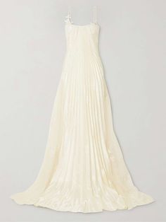 Luxury Wedding Gown With Pleated Bodice, Luxury Silk Gown With Pleated Bodice, Luxury Silk Evening Dress For Wedding, Luxury Silk Wedding Gown, Silk Wedding Gown With Pleated Bodice, Luxury White Silk Gown, Silk Wedding Dress With Sweep Train, Silk Pre-draped Wedding Dress, Pre-draped Silk Wedding Dress