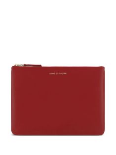 red calf leather logo stamp to the front top zip fastening main compartment gold-tone hardware Luxury Red Wallet With Zipper Closure, Luxury Red Wallets With Zipper Closure, Luxury Red Formal Pouch, Classic Red Bag With Card Slots, Classic Red Business Wallet, Classic Red Travel Wallet, Zip Wallet, Wallet Accessories, Leather Logo