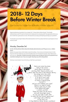 a flyer for the 2013 - 12 days before winter break with candy canes in the background