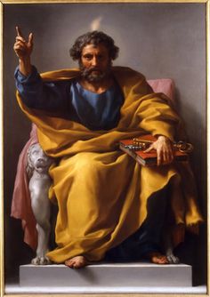 a painting of jesus sitting on a bench with his hand up in the air and holding a book