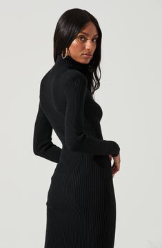 The Abilene features a ribbed sweater knit construction with a turtleneck collar. Padded shoulders add structure. Bodycon fit with a slight stretch. Long sleeves. Spring Turtleneck Bodycon Sweater Dress, Spring Bodycon Turtleneck Sweater Dress, Winter Knit Fitted Midi Dress, Ribbed Knit Cropped Sweater, Long Sleeve Ribbed Stretch Dress, Stretch Knit Mini Dress For Fall, Stretch Ribbed Long Sleeve Dress, Fitted Turtleneck Sweater Dress For Spring, Spring High Neck Stretch Sweater Dress