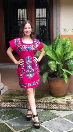 Mexican dress with beautiful floral embroidery in bright colors that will make you look spectacular at any event. Each dress has a unique embroidery so colors may vary. Mexican textile art has centuries of history and creativity throughout the country. Mexico is recognized as one of the leading countries with a beautiful artistic production in the textile world, miraculous hands of talented artisans from different states of the country create stunning embroidery clothing, and various items. #Oax Multicolor Folk Style Dress For Fiesta, Multicolor Folk Dress For Fiesta, Folk Style Multicolor Dress For Fiesta, Folk Multicolor Embroidered Dress For Fiesta, Multicolor Embroidered Dress For Cinco De Mayo Fiesta, Folk Style Multicolor Embroidery Dress For Fiesta, Bohemian Pink Dress With Intricate Embroidery, Folk Style Dress With Embroidered Border For Fiesta, Traditional Dress With Multicolor Embroidery For Fiesta